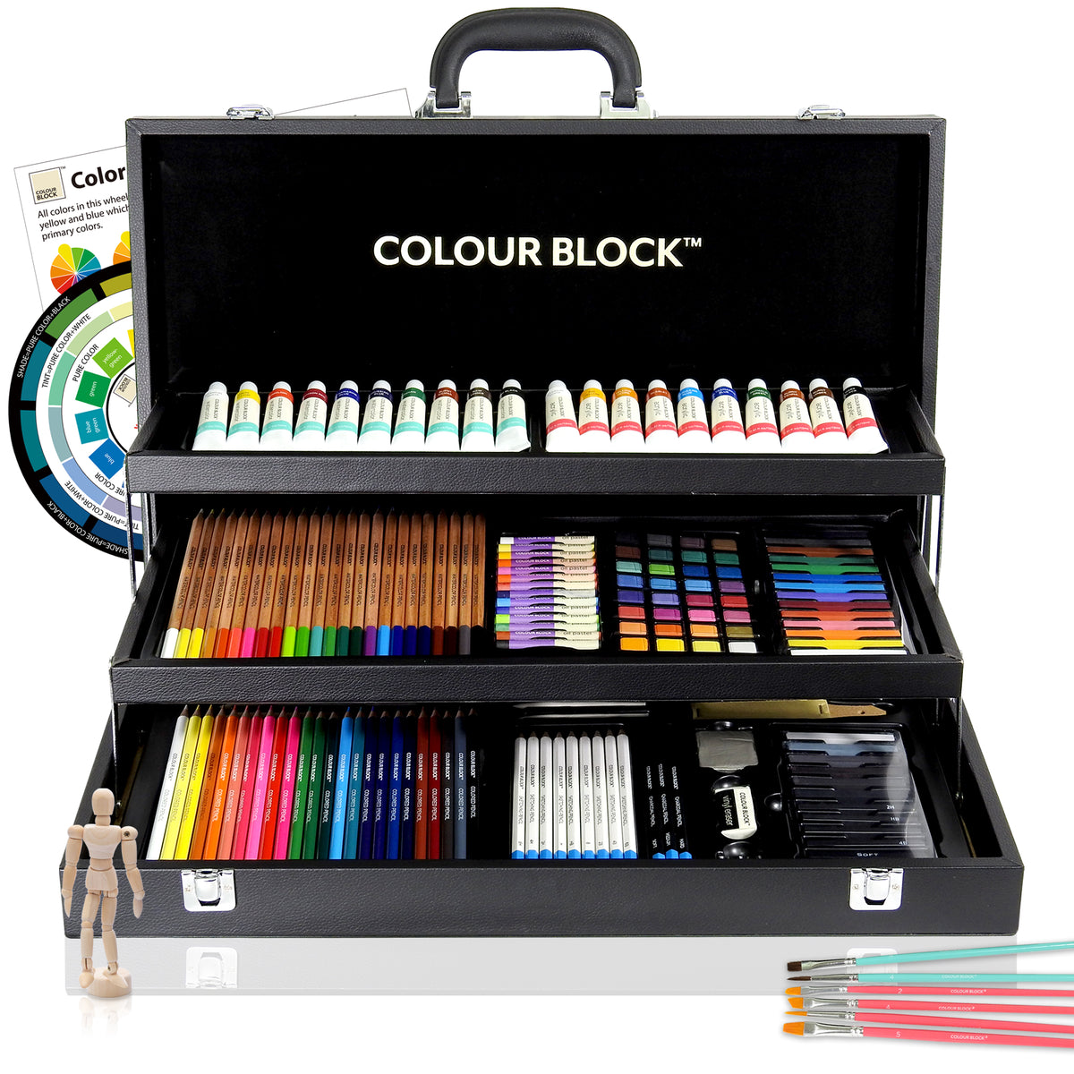 COLOUR BLOCK 231pc Art Set Bundle | PU Leather Art Supply Case, Acrylic,  Watercolor, Colored Pencils, Soft Pastels, Calligraphy Pens for Painting
